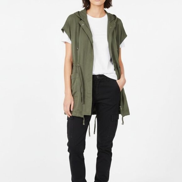 Uniq Olive Hooded Utility Vest Women Small Sleeveless Zip Drawstring NWT FLAW - Picture 1 of 16
